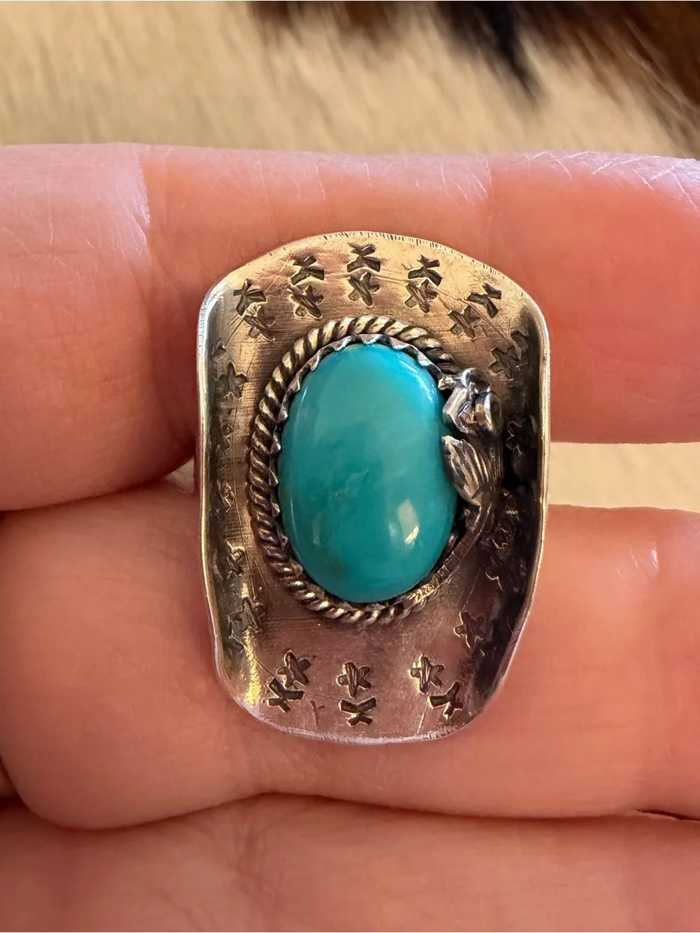 ❤️ Kingman Turquoise Cowgirl Cowboy Hat Hand Stamped Sterling 925 Ring Sz 6.25